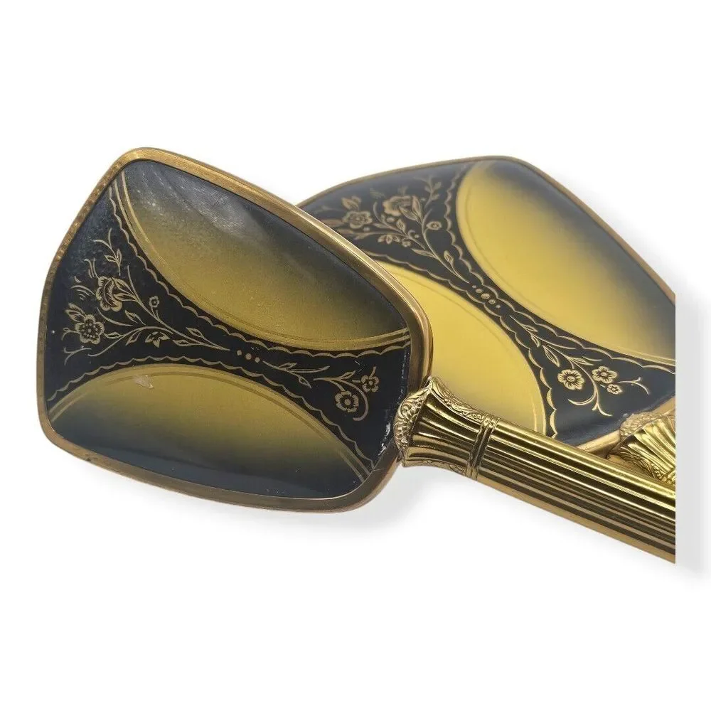 Vtg Vanity Set‎ Hand Mirror And Brush Floral Gold